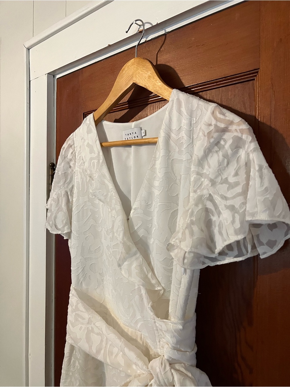 Tanya Taylor Ivory Wrap Dress Size 0 NWOT Ruffle Sleeve Bridal Cocktail Dress - Picture 7 of 14